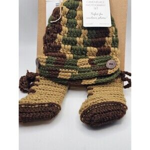 Mud Pie Newborn Camouflage Hat Boots Set Crochet Baby Photo Prop